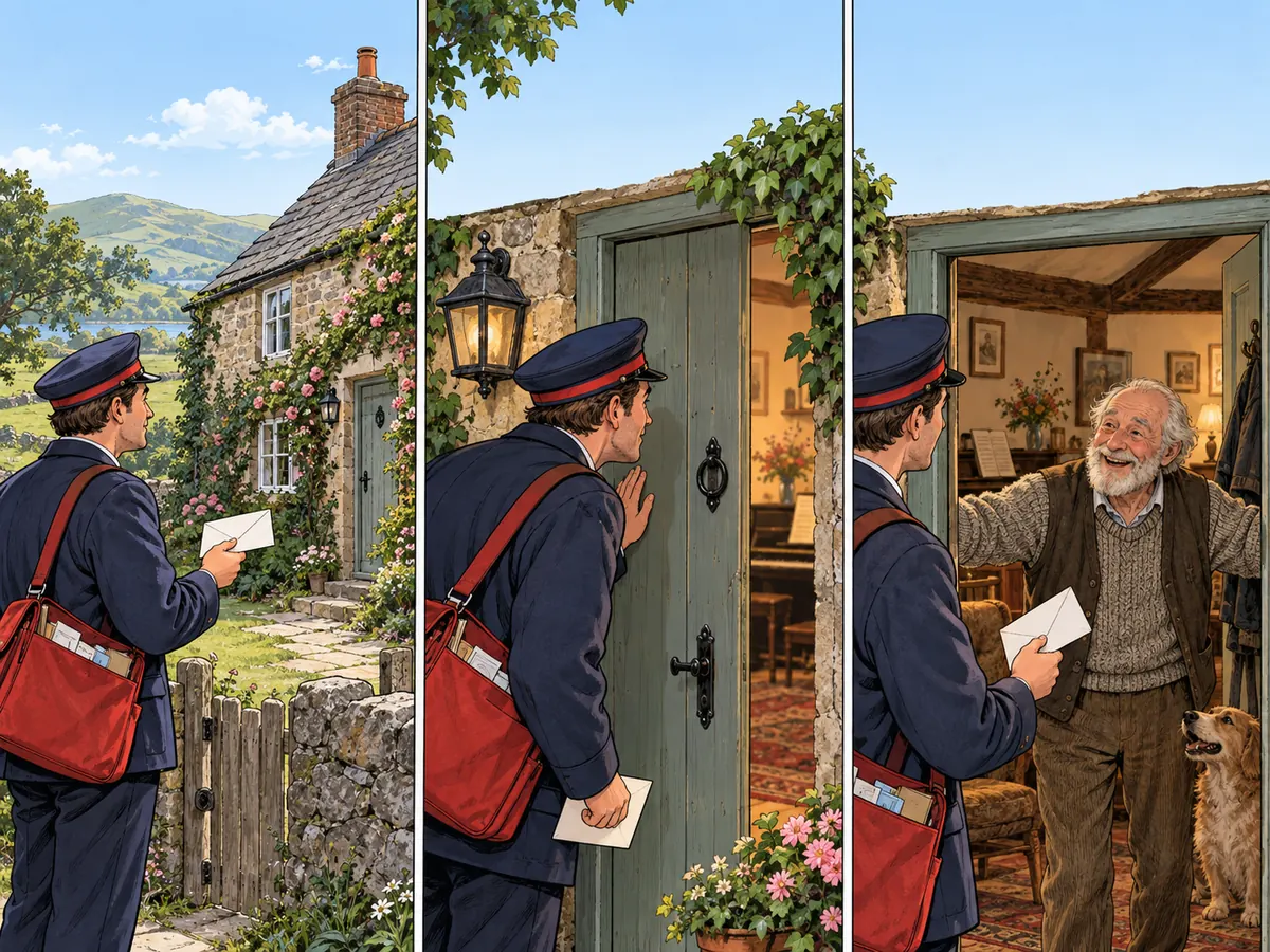 A short-story scene: a postman delivers an unaddressed envelope to an old cottage, hears music from inside, and is greeted by an old friend.