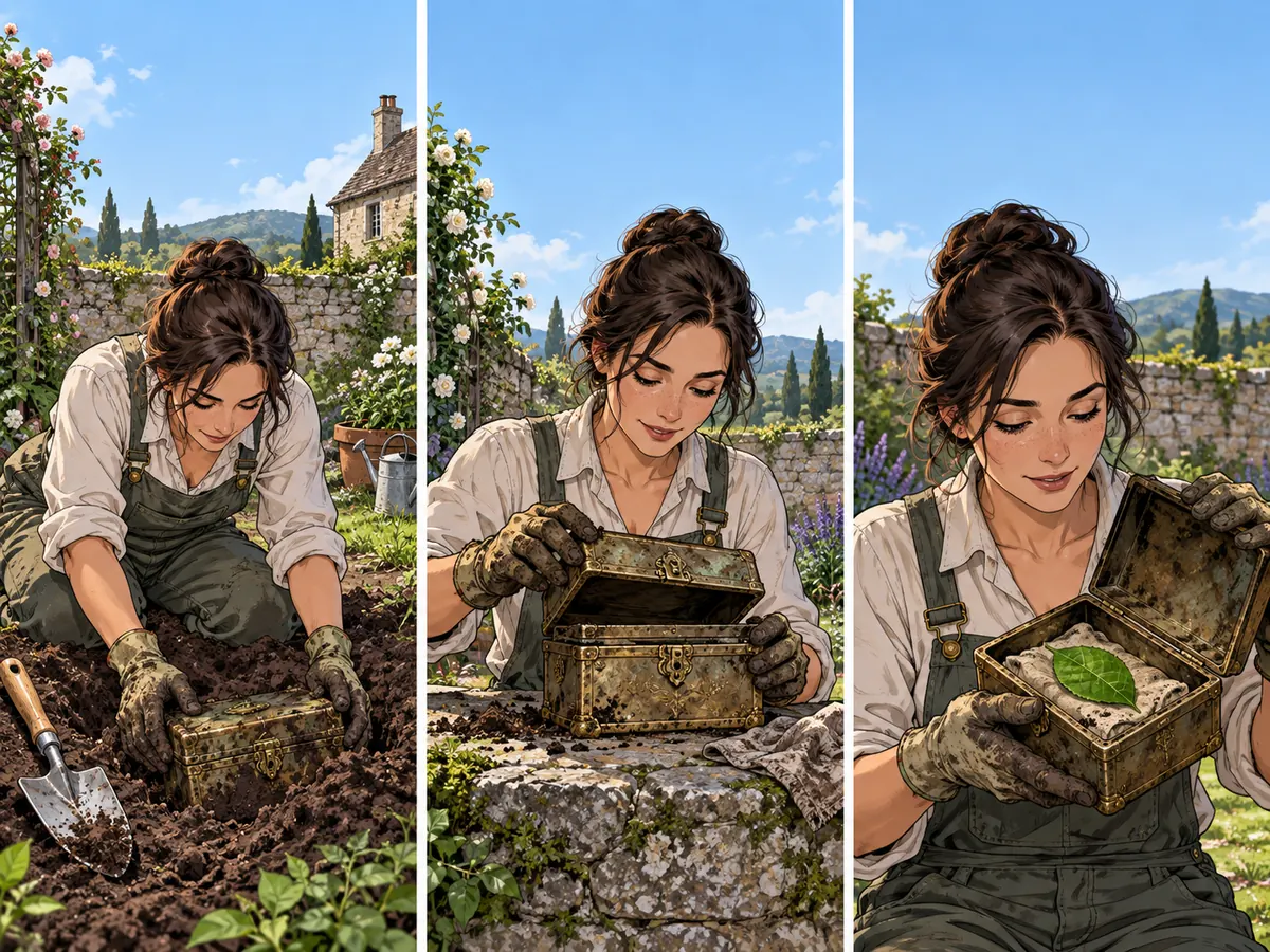 A serialized chapter ending: a gardener unearths a sealed brass box, opens it carefully, and discovers a live green leaf inside despite the age of the box.