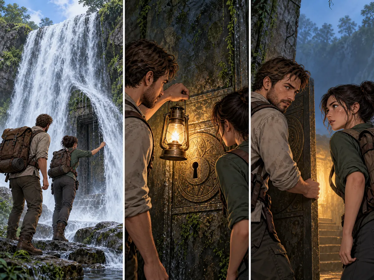 Zwei Entdecker finden eine Tür hinter einem Wasserfall, halten eine Laterne ans Schloss und blicken sich vor dem Öffnen vorsichtig an.