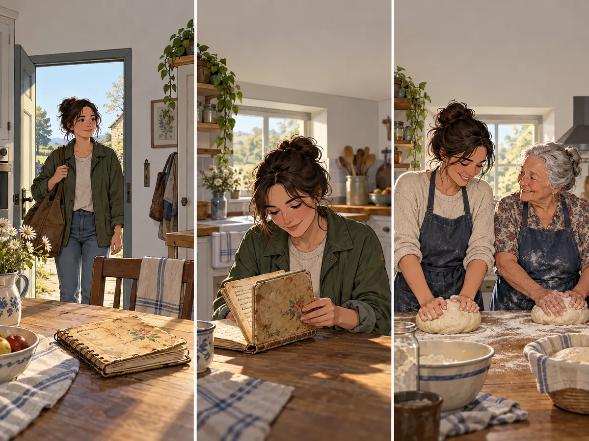 A memoir-inspired fictional scene: an adult returns to a family kitchen, notices a worn recipe notebook, and begins kneading bread beside an older relative.