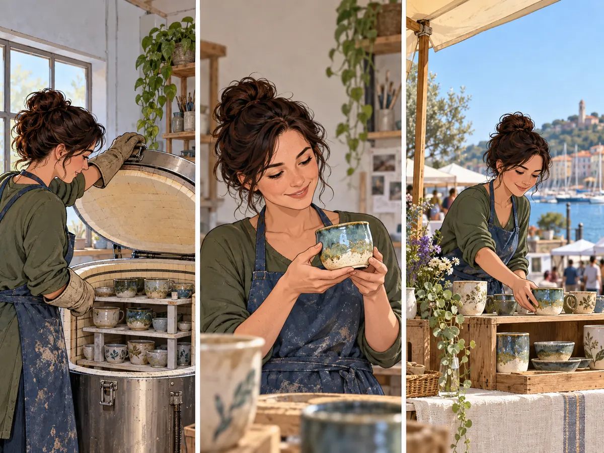 Eine Keramikerin öffnet den Ofen, bemerkt eine schöne Glasur und stellt die Tasse auf einen kleinen Marktstand.