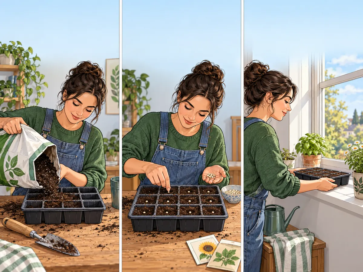 A practical tutorial story: a gardener fills a small seed tray, plants seeds with even spacing, and sets the tray on a bright windowsill.