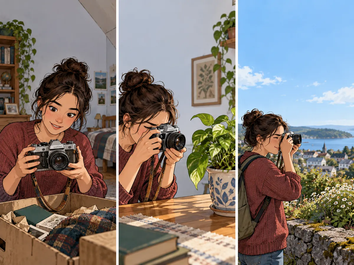 A creator origin story: a young adult finds an old camera at home, learns to focus on a houseplant, and takes a first careful outdoor picture.
