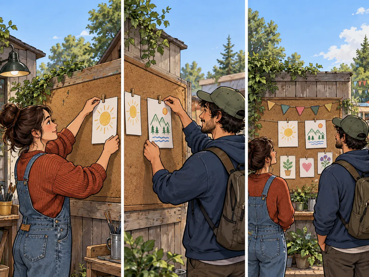 A community story: a maker posts a plain drawing card on a workshop board, a visitor responds with their own drawing, and both make a small shared display.