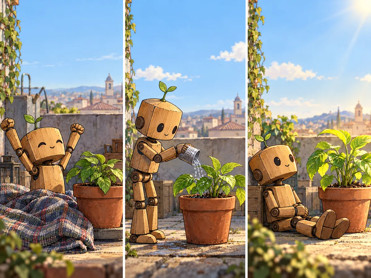 A recurring character episode: a tiny original wooden robot wakes beside a plant, brings a thimble of water, and sits contentedly as sunlight reaches the leaves.