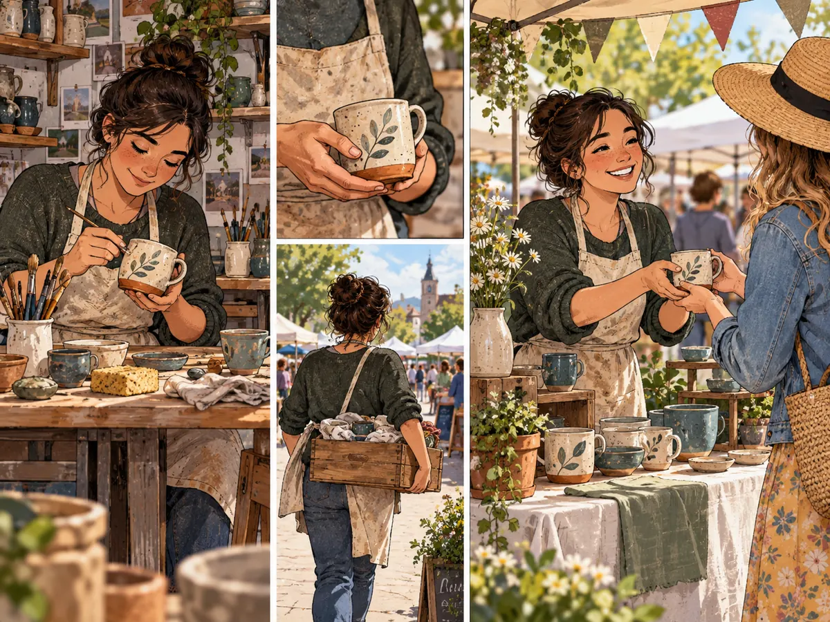 Creator-Bildstudie: Eine Keramiktasse wandert von der Werkbank an einen Marktstand