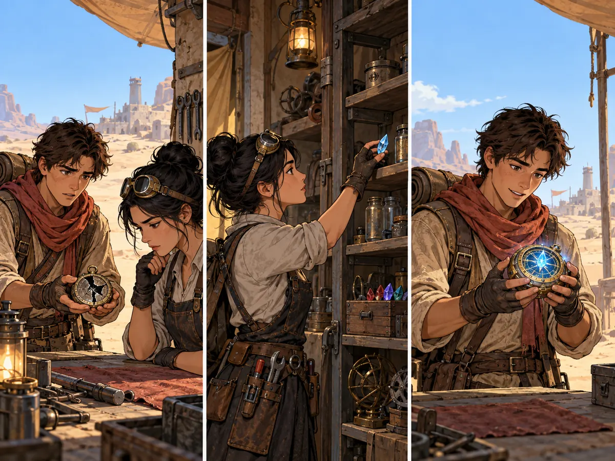 Original game quest beat: a desert courier shows a broken navigation stone to a mechanic, gathers a small spare crystal from a shelf, and sees the repaired stone glow.