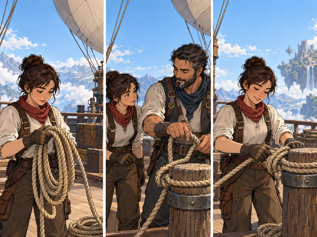 Original onboarding narrative: a novice skyship crewmember coils a rope, learns how to secure it from an experienced crewmate, and safely completes the knot.