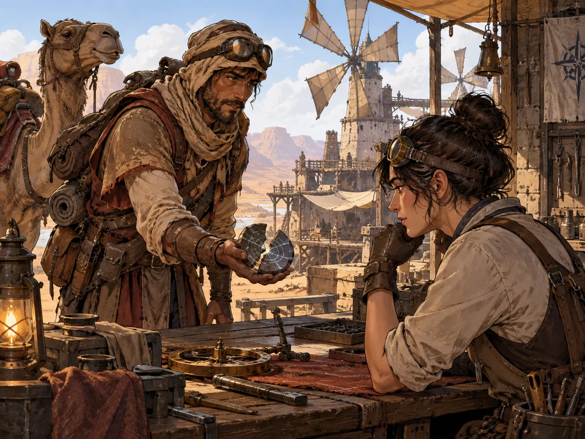 Spielnarrativ-Bildstudie: Ein Wüstenkurier bringt einen defekten Navigationsstein zur Mechanikerin