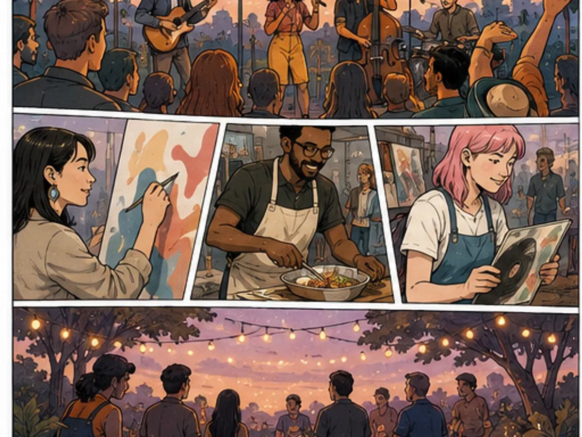 Outdoor community event shown as a comic sequence