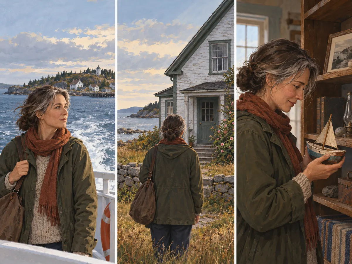 A woman returns by ferry to her childhood home and finds a carved boat