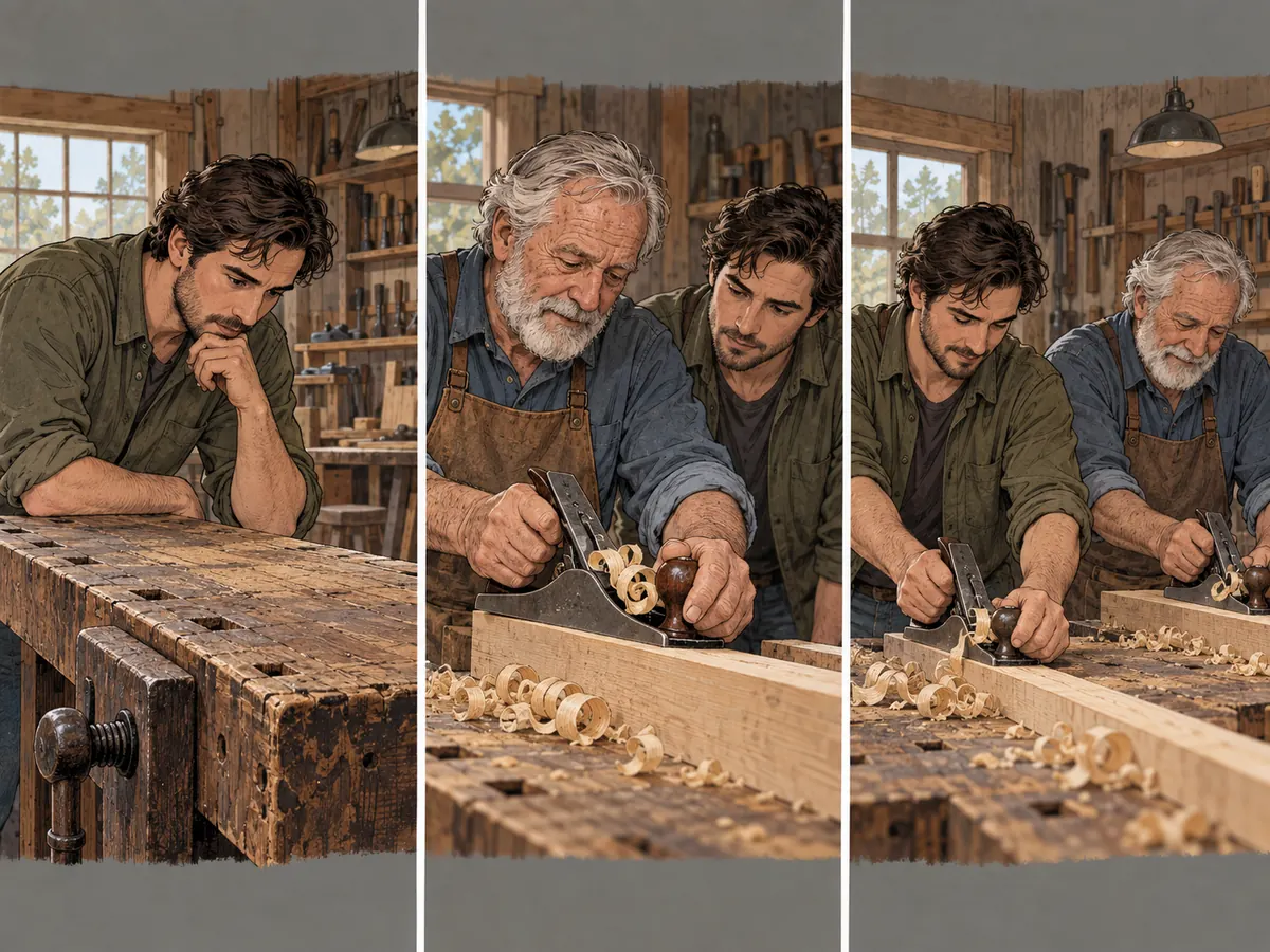Father teaches his adult son to use a wood plane