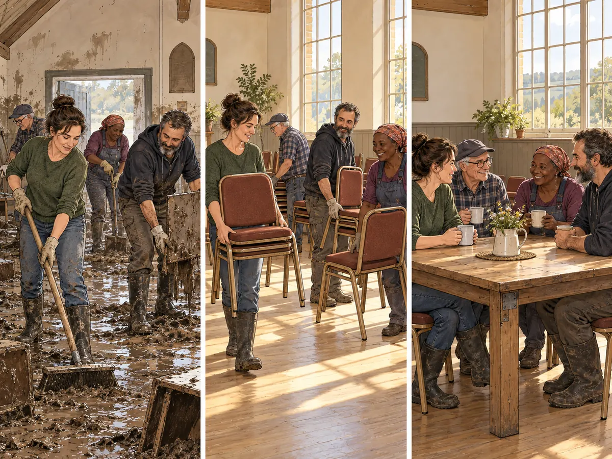 Neighbours restore a community hall after flooding