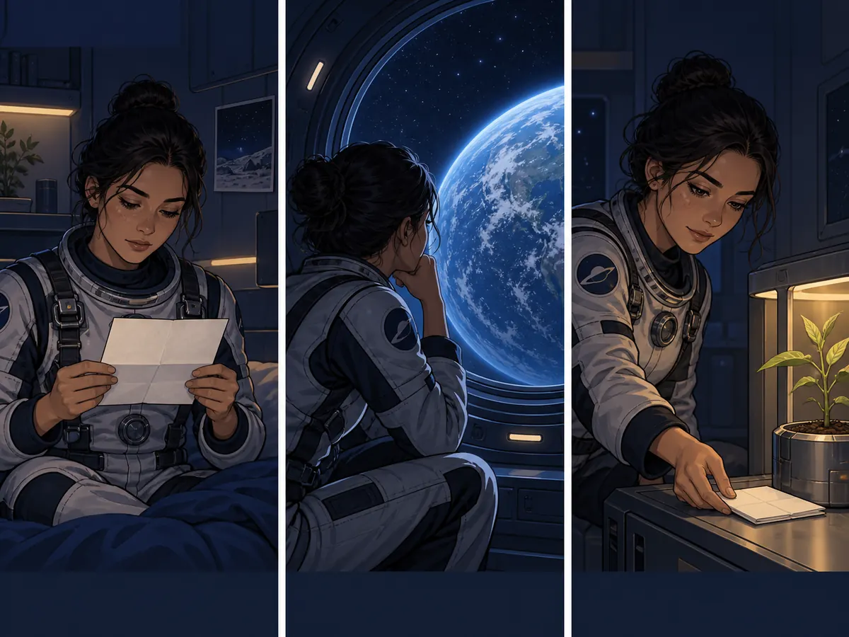 Astronaut sets a letter beside a plant while looking toward a planet