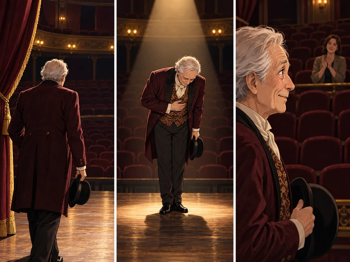 An elderly actor rehearses a bow and a caretaker applauds