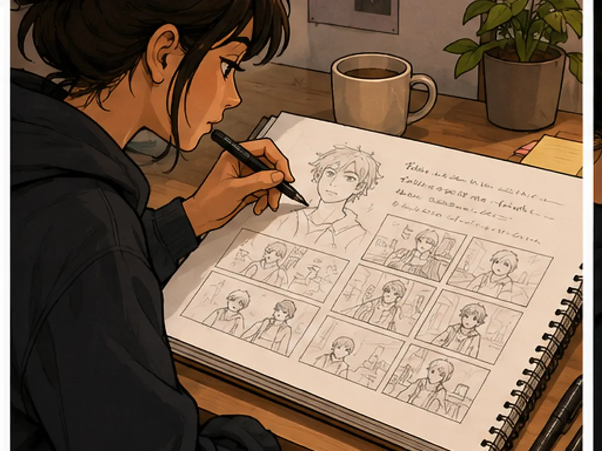 Creator sketching story beats and thumbnails in a notebook