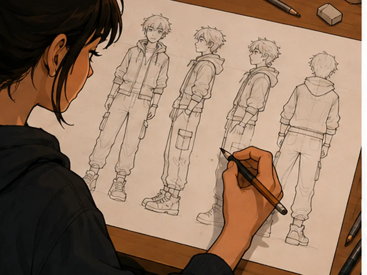Creator drawing a character turnaround sheet
