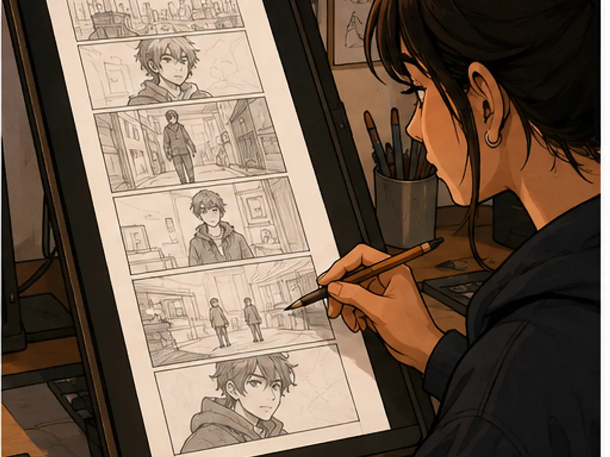 Creator arranging a vertical comic storyboard on a tablet