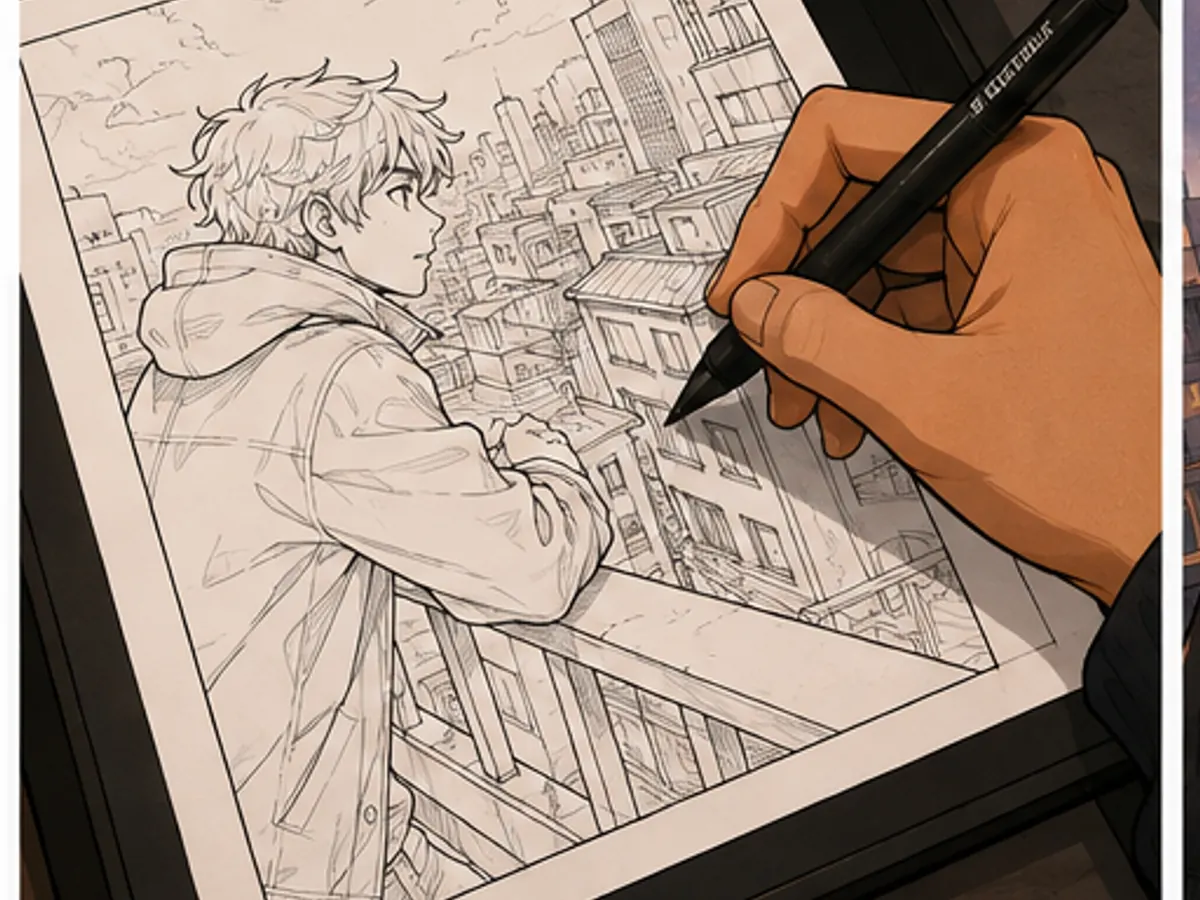 Creator inking a city scene for a webtoon