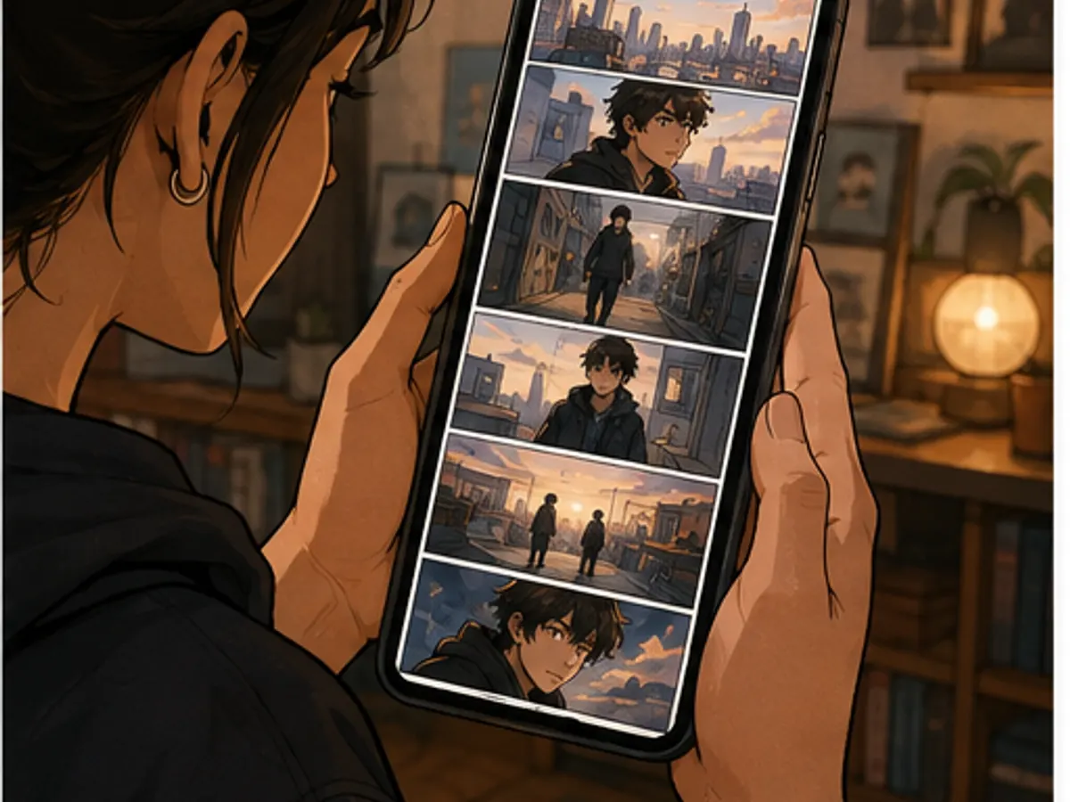 Creator checking a finished vertical comic on a phone