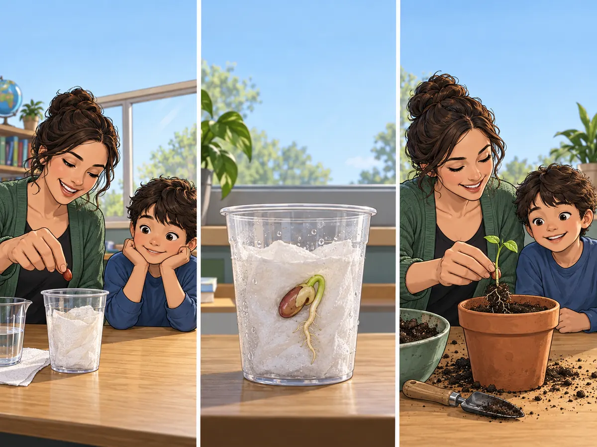 Educational sequence across several days: a teacher places a bean beside a damp paper towel in a clear cup, a root later appears, and a young seedling is transferred gently into soil.