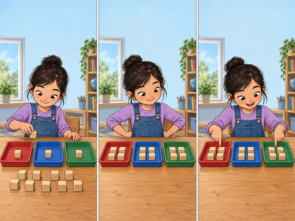 A pupil shares twelve plain counting blocks equally among three trays, checks each tray, and points to four blocks in each.