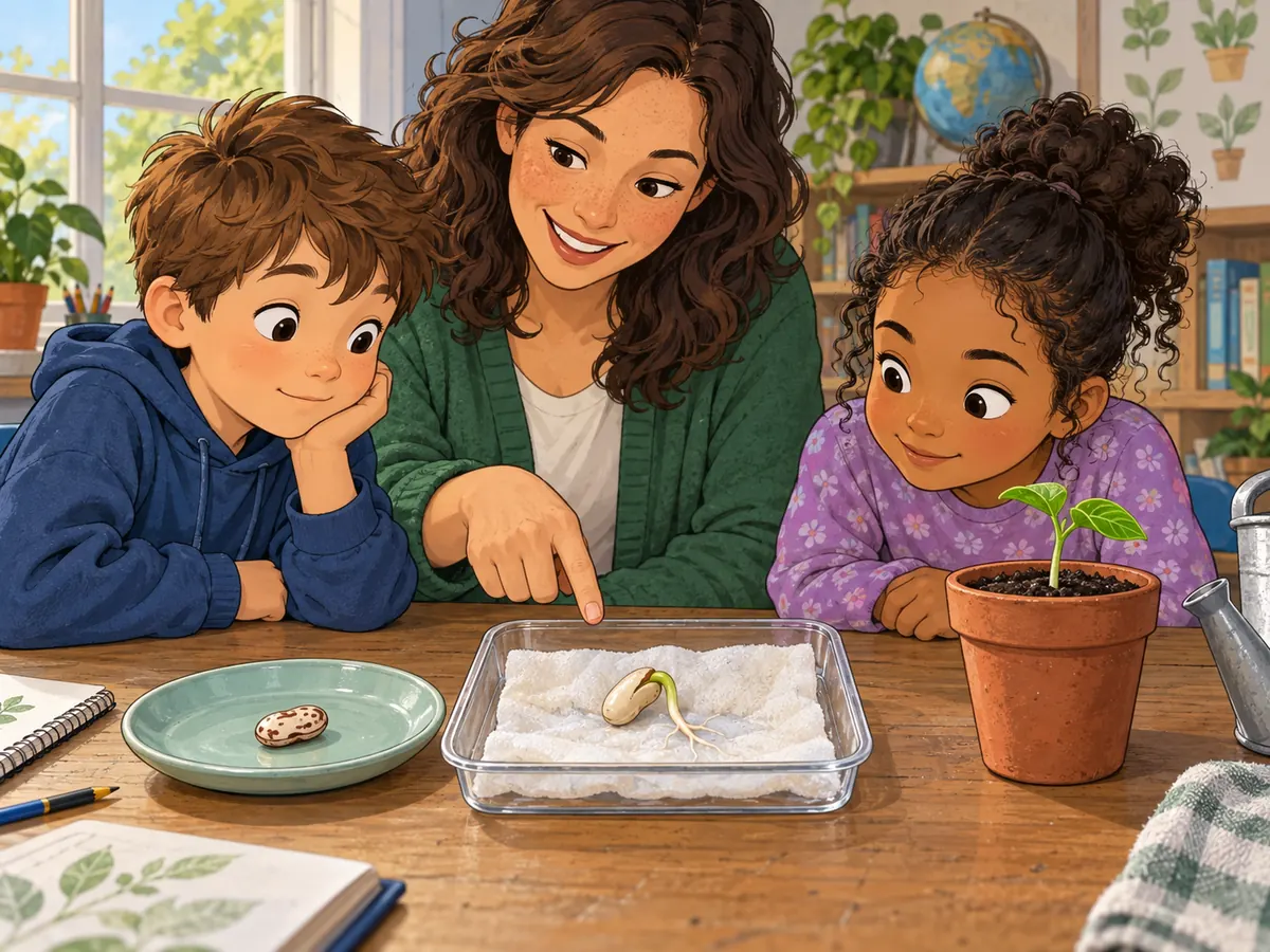 Educational comic study: a teacher and learners observe a bean becoming a seedling