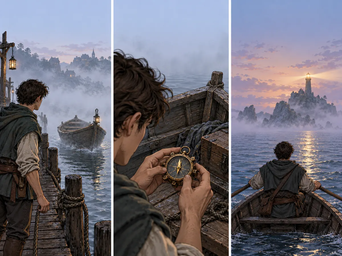 A young ferryman sees an empty boat arriving through fog, finds a tiny mechanical compass aboard, and follows its needle toward a distant beacon.