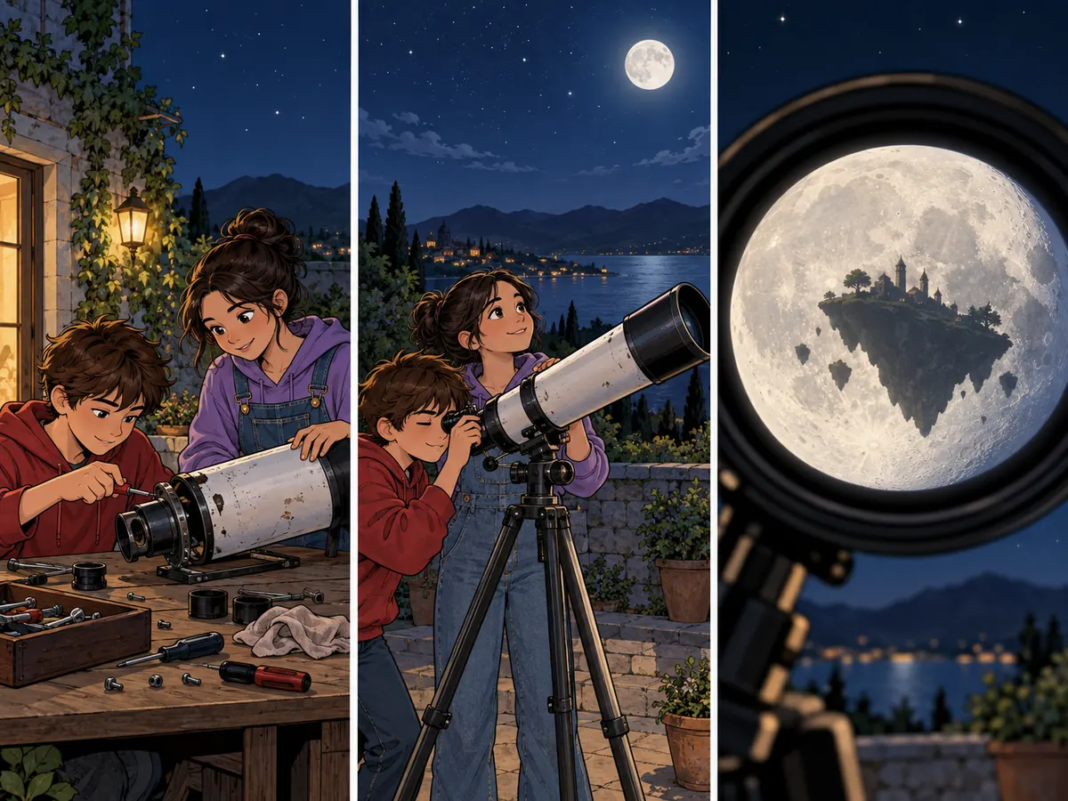 Two siblings restore a broken telescope, turn it toward the moon, and discover the shadow of a small floating island.
