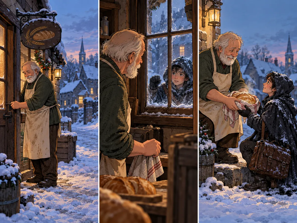 An old baker closes a winter shop, hears tapping at a window, and shares warm bread with a small courier carrying a soaked satchel.