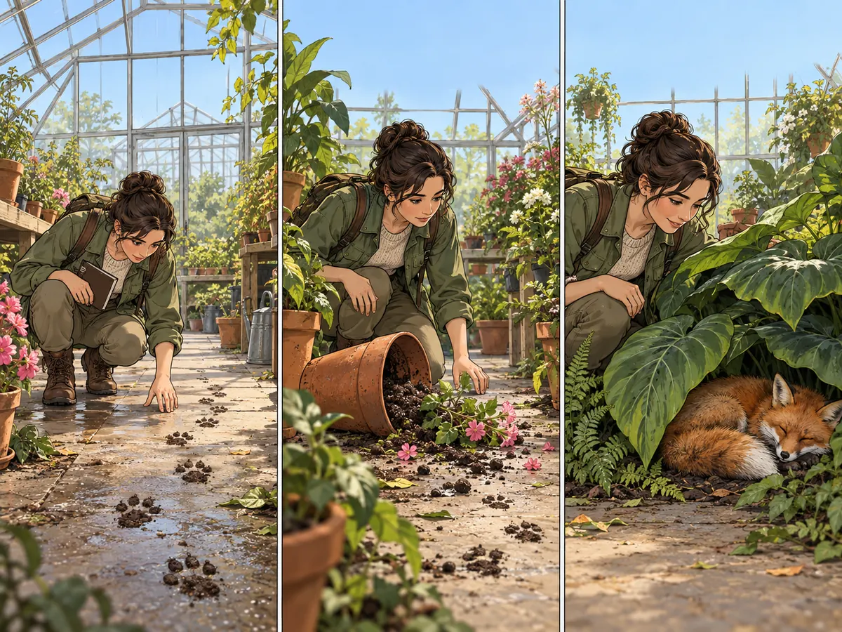 A botanist traces muddy footprints through a greenhouse, follows an overturned flowerpot, and discovers a lost fox asleep under broad leaves.