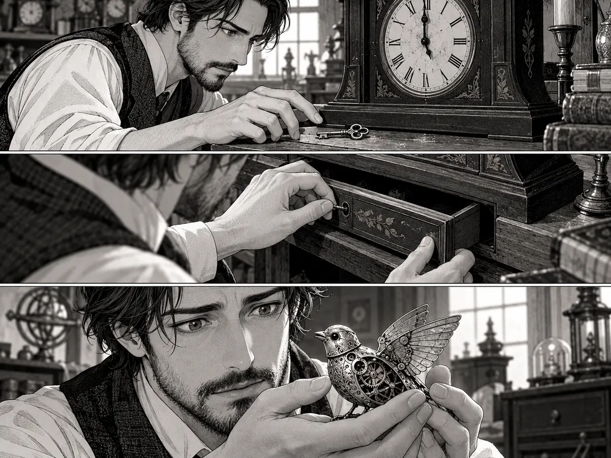 Manga-Adaptionsstudie: ein Uhrmacher entdeckt einen mechanischen Vogel
