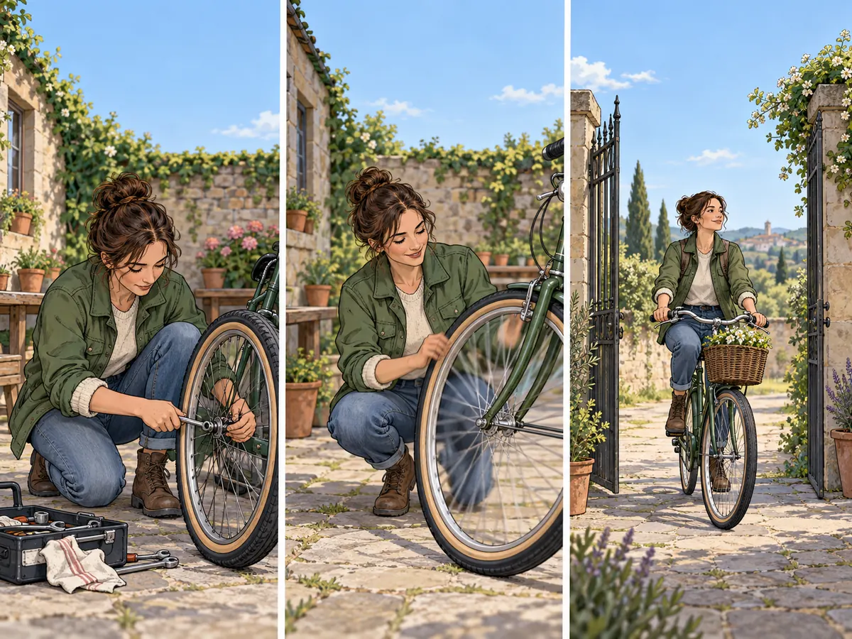 An adult woman in a green jacket fixes a bicycle wheel in a courtyard, tests the repaired wheel, and pedals slowly through the open gate. Photo-guided visual storytelling in ink and colour.