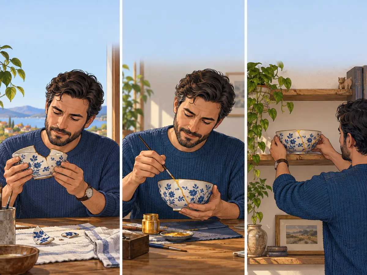 Ein Vater im blauen Pullover betrachtet eine beschädigte Keramikschale, zieht eine goldfarbene Reparaturlinie nach und stellt das Dekostück ins Regal.