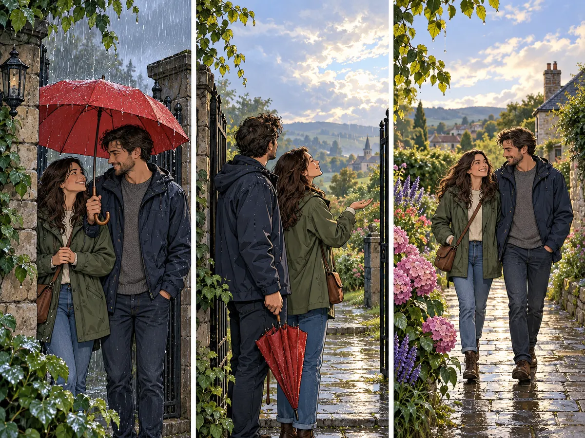 Zwei erwachsene Freunde suchen unter einem roten Schirm am Gartentor Schutz, bemerken den nachlassenden Regen und gehen an nassen Blumen vorbei.