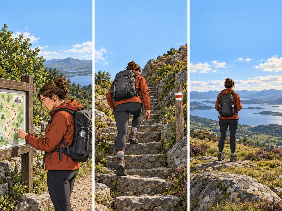 Eine erwachsene Wanderin im rostroten Mantel prüft einen markierten Weg, steigt Steinstufen hinauf und erreicht einen Aussichtspunkt.