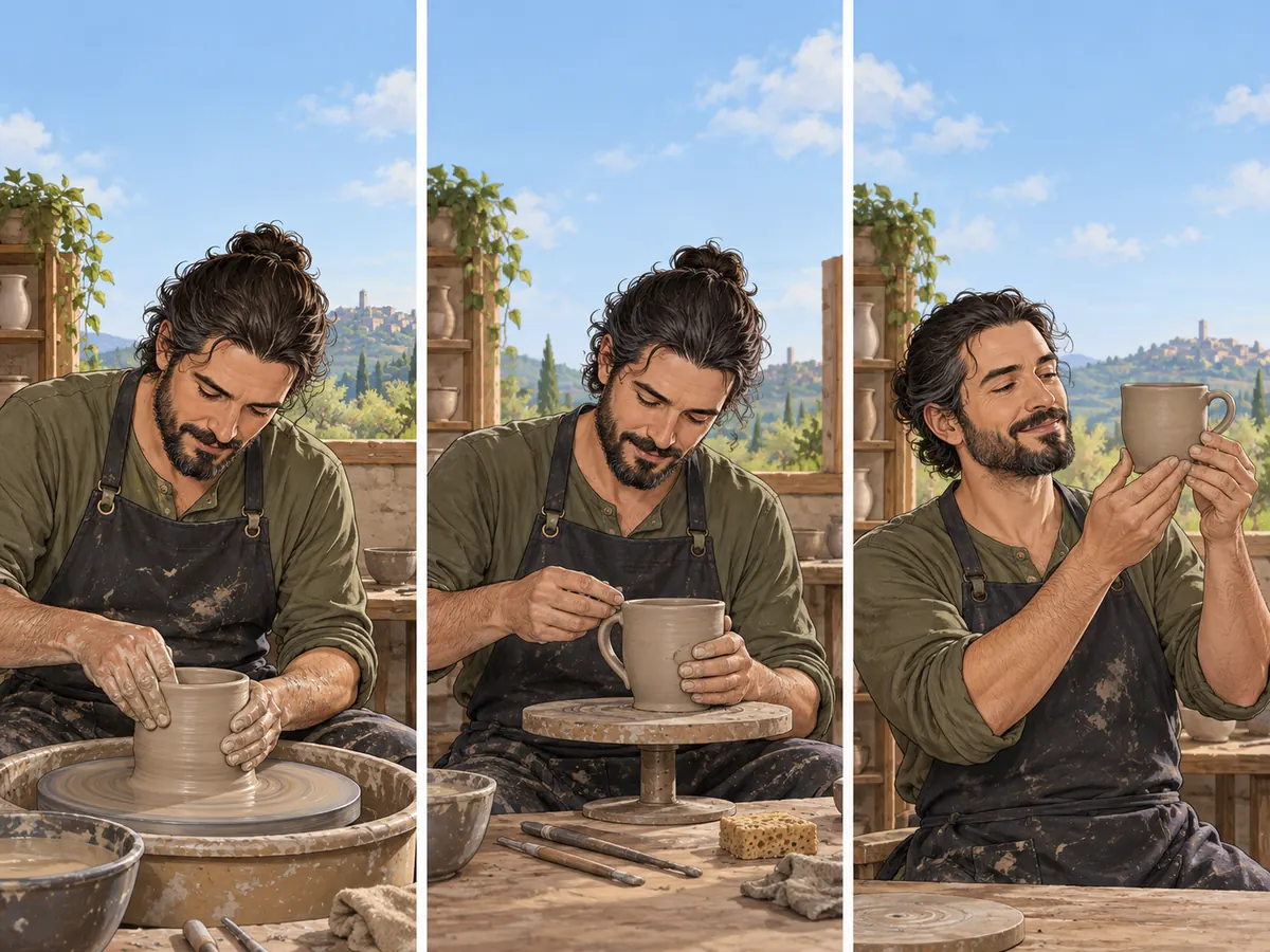 An adult potter in a dark apron shapes a clay cup, adds its handle, and lifts the finished unfired cup for inspection.