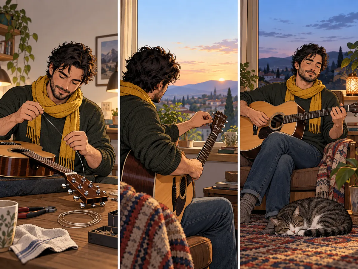 An adult guitarist in a yellow scarf replaces a string, tunes it beside a window, and plays a quiet tune as their cat settles nearby.