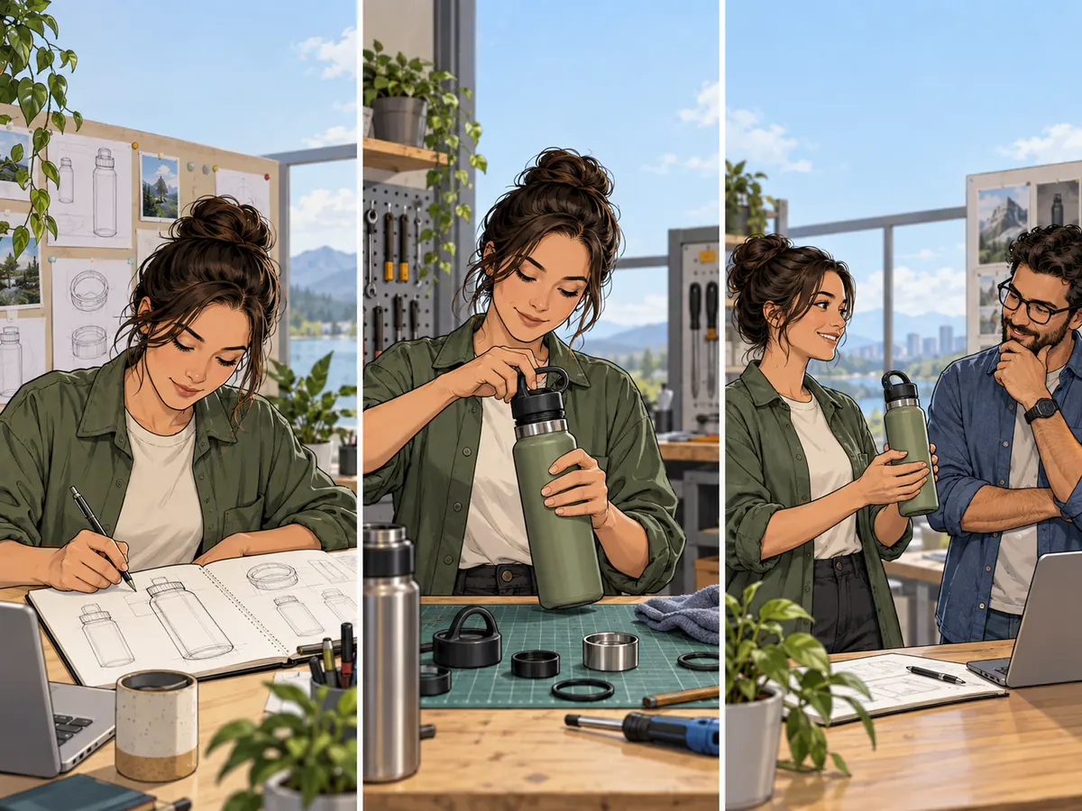 Eine Designerin skizziert eine Mehrwegflasche, testet ihren Deckel und bespricht den funktionierenden Prototyp mit einem Kollegen.
