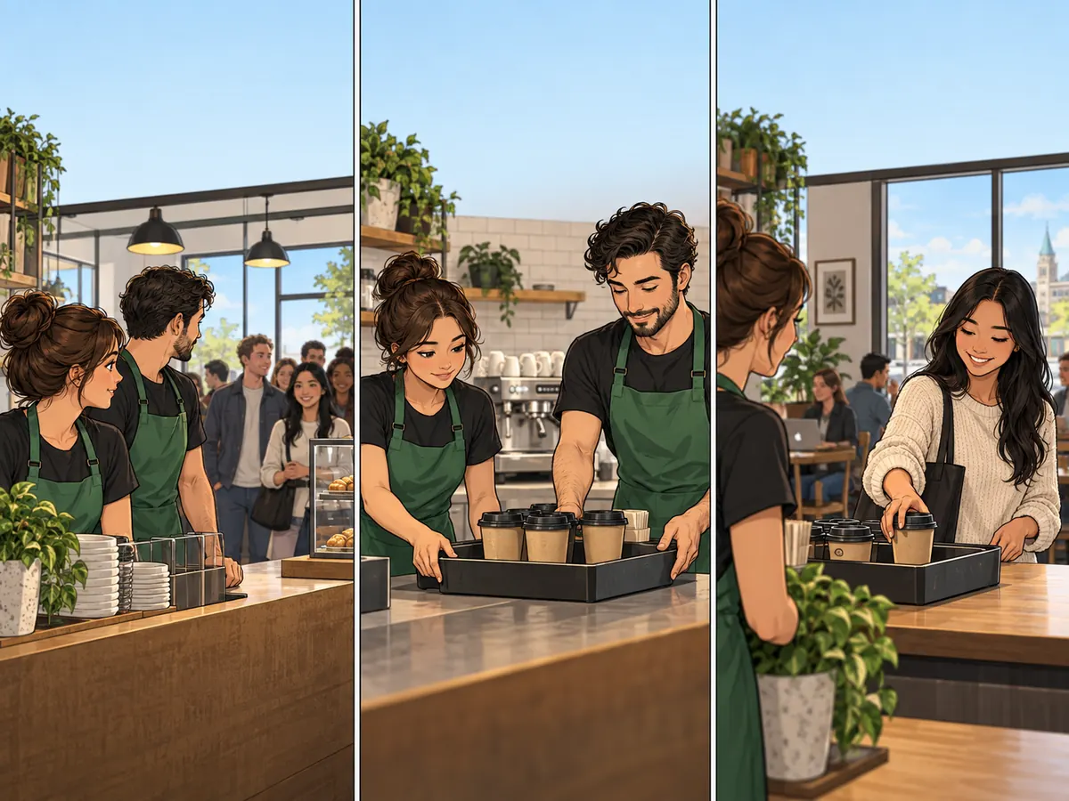 Ein Café-Team bemerkt eine Schlange, versetzt ein Abholtablett und beobachtet die reibungslosere Abholung.