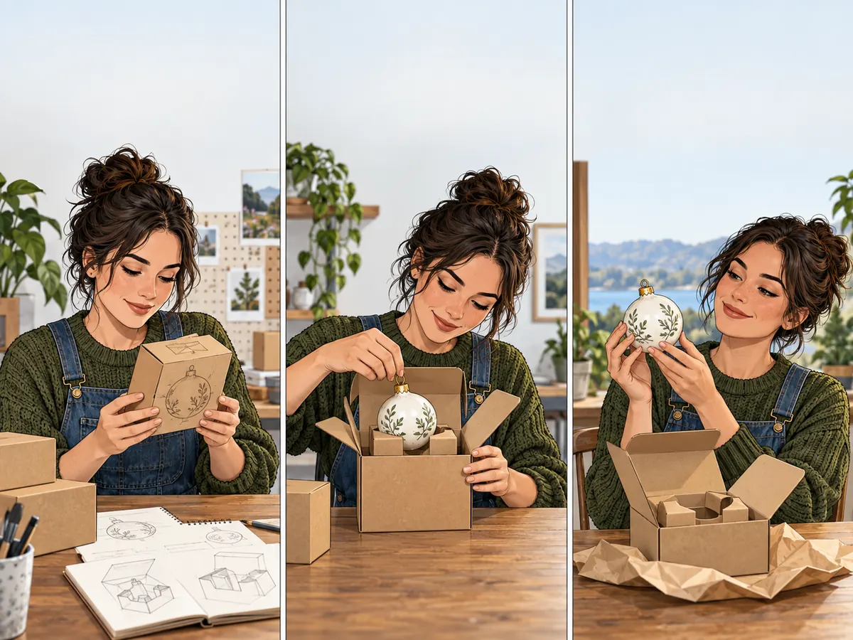 Ein Hersteller prüft eine Verpackung mit einem Keramikobjekt und zeigt nach dem Öffnen das unbeschädigte Stück.