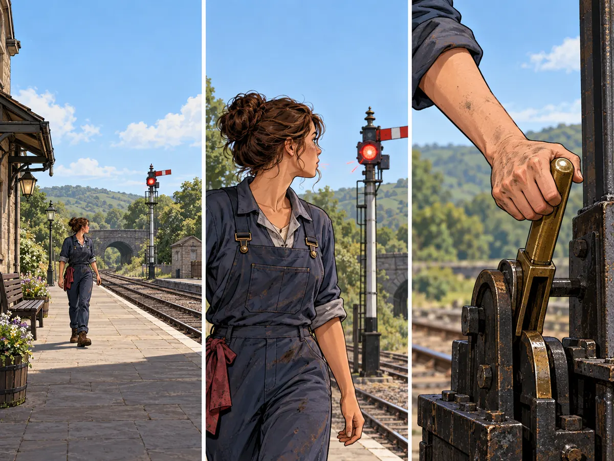 Storyboard sequence: wide view of a woman mechanic on an empty station platform; medium shot as she spots a signal blinking; close insert of her hand lifting a brass signal lever.