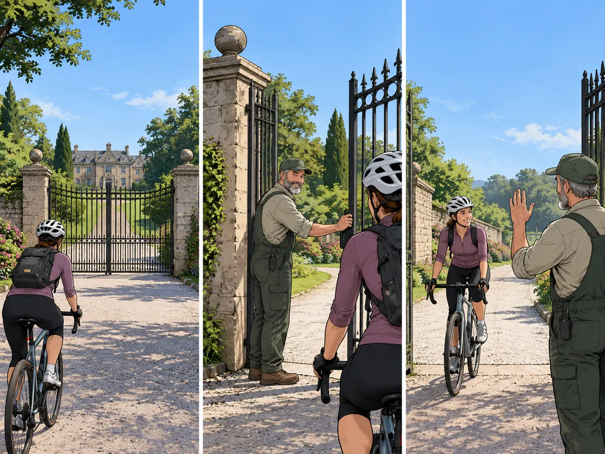 Storyboard sequence: wide view of a cyclist approaching a closed gate; medium side view as a groundskeeper opens it; reverse shot as the cyclist passes with a nod.