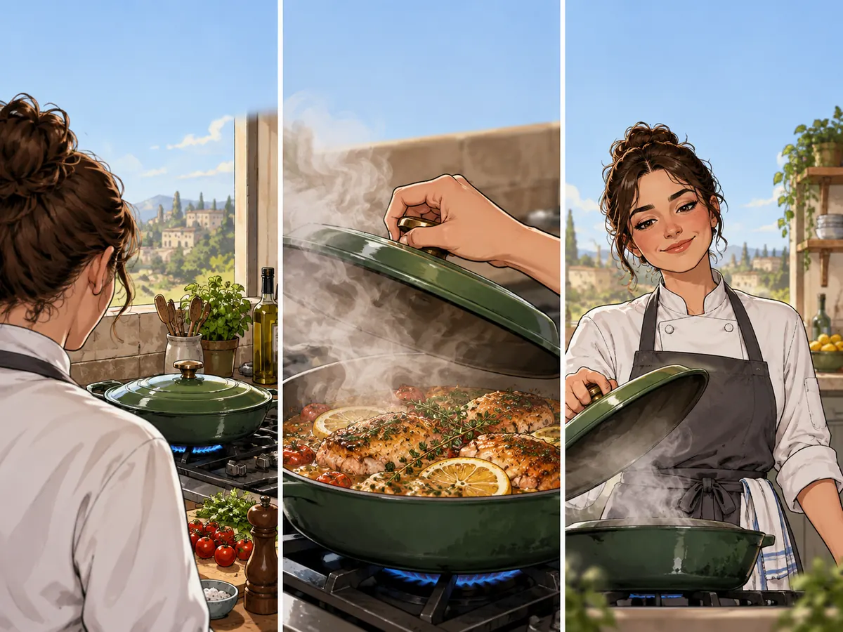 Storyboard sequence: over-shoulder view of a chef watching a covered pan; close insert as steam lifts the lid; medium reaction shot of the chef smiling.