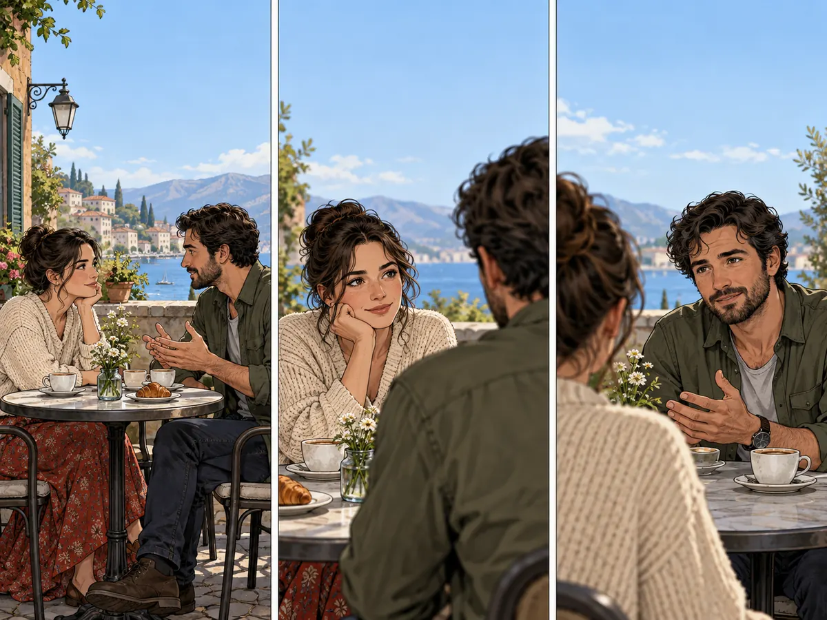 Storyboard sequence: two adults share a quiet conversation across a cafe table; second shot over one shoulder toward the other; third shot reverse angle without crossing the screen axis.