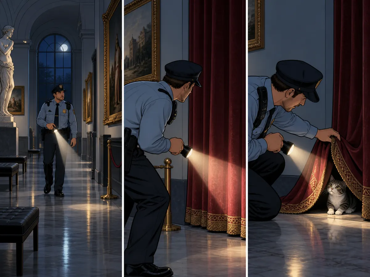 Storyboard sequence: a night guard hears a noise in a gallery; turns a flashlight toward a curtain; reveals a small cat beneath it.