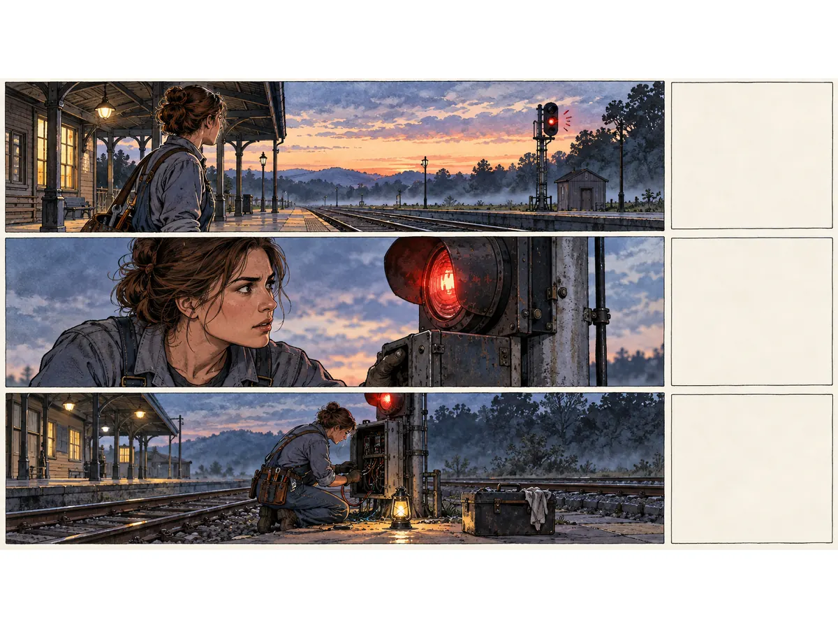 Storyboard study: three camera views of a railway mechanic checking a signal