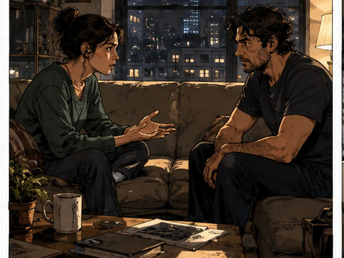 Two people discussing evidence in an apartment