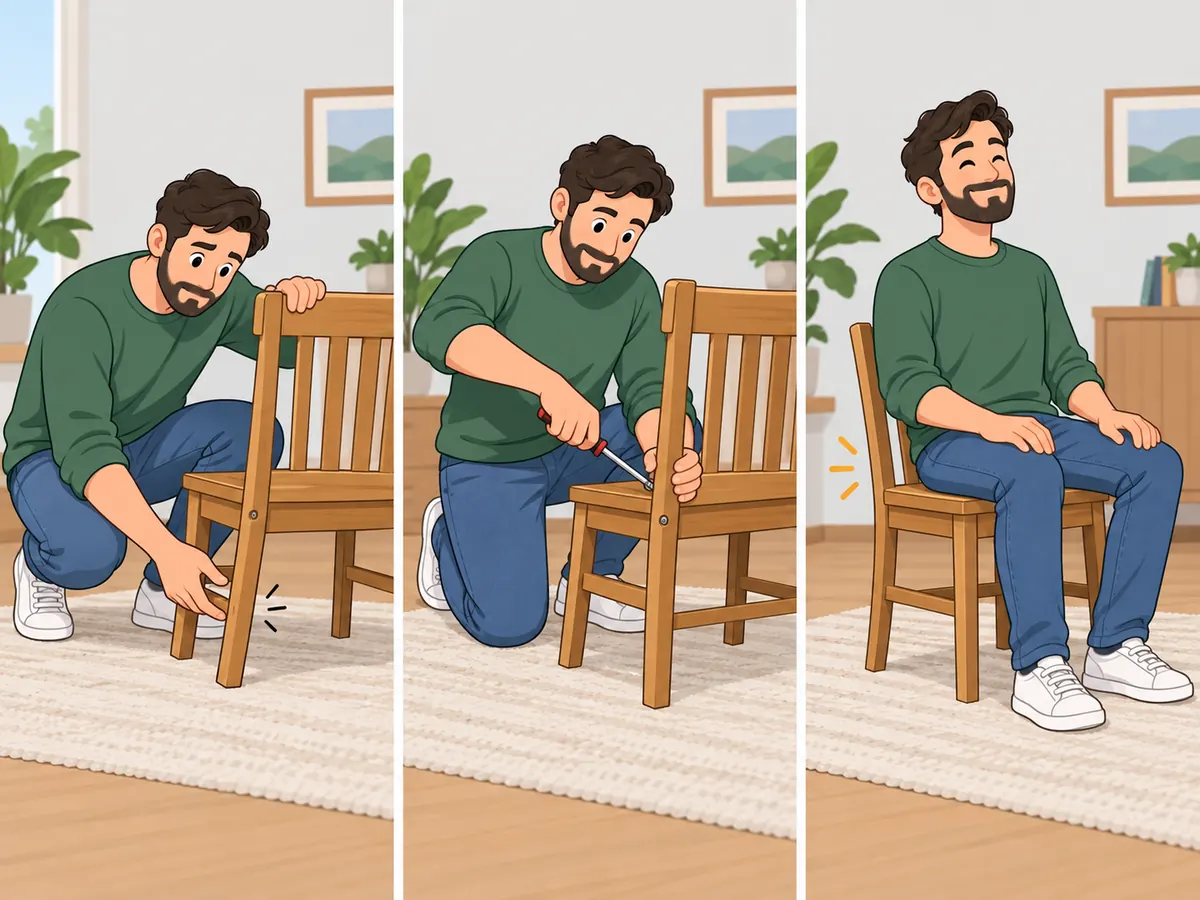 Three comic slides show inspecting, repairing and using a chair