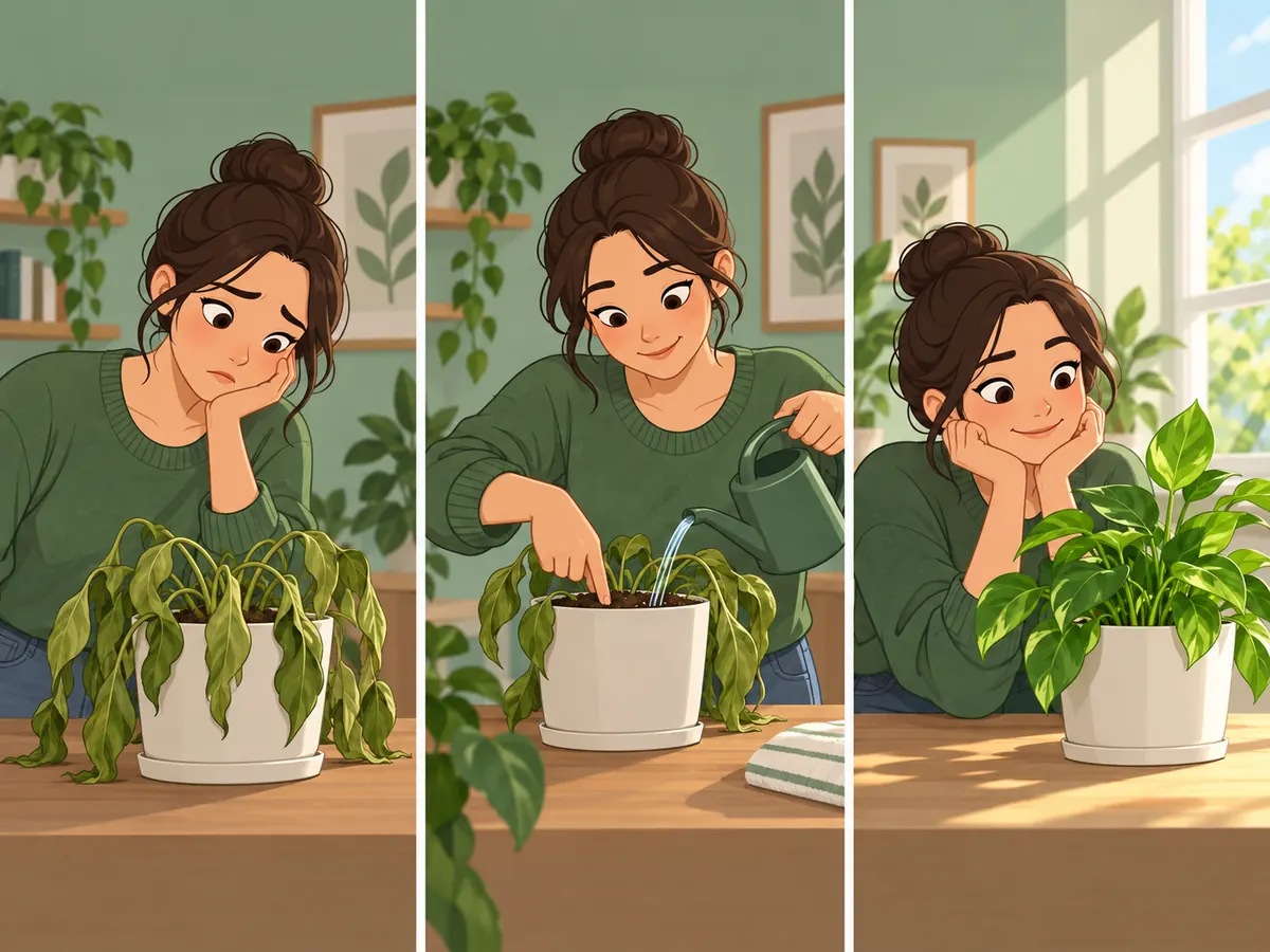 Una persona revisa la tierra y riega una planta caída